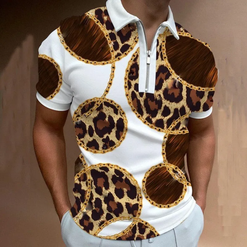 Men's Summer Vintage Casual Leopard Print Short Sleeve Zipper Polo Shirt