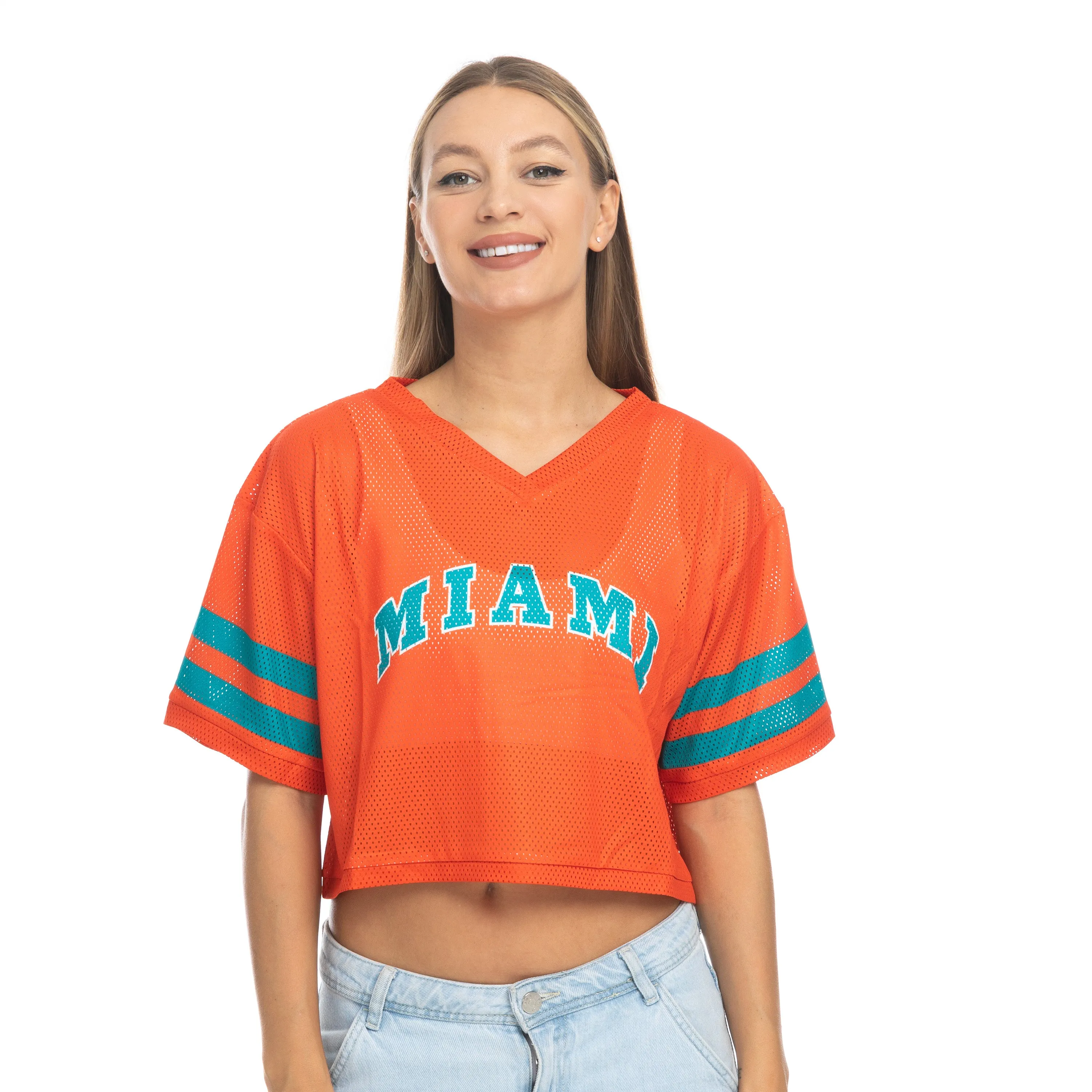 Miami Dolphins ZooZatz Women's V-Neck Mesh Crop Jersey - Orange/Aqua