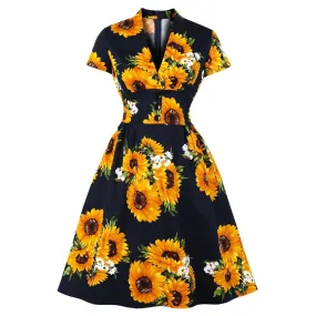 Navy Blue Floral Summer Cotton Short Sleeve Robe Pin Up Swing Retro Vintage Dresses