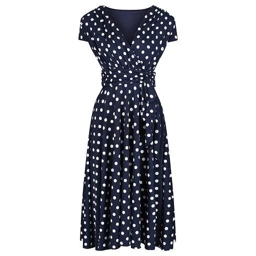 Navy Blue Polka Dot Cap Sleeve Fit And Flare Midi Dress