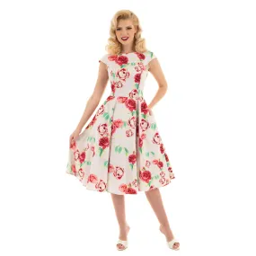 Off White Pink Vintage Floral 50s Summer Swing Dress