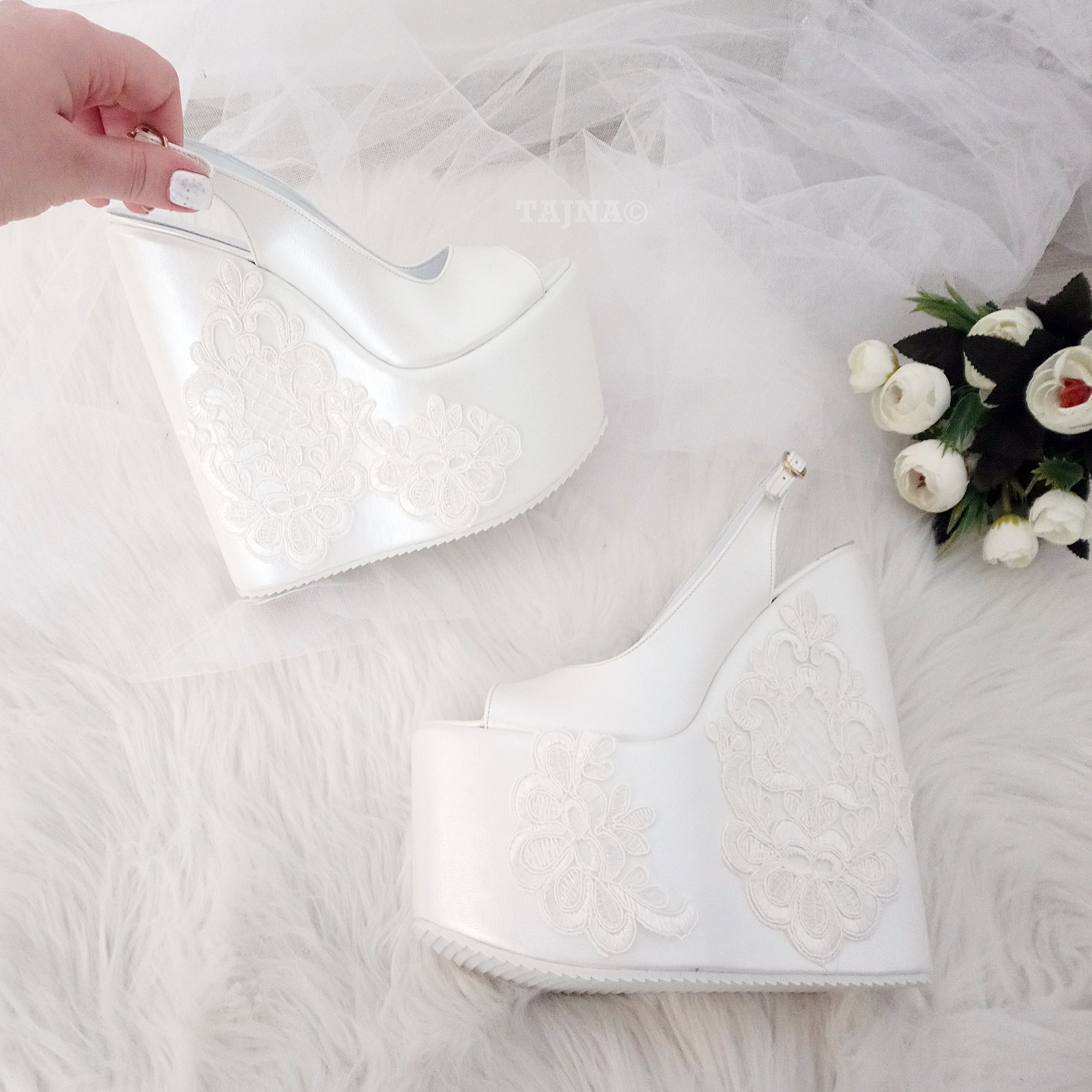 Peep Toe Platform Ivory White Lace  Wedding  Wedge Shoes