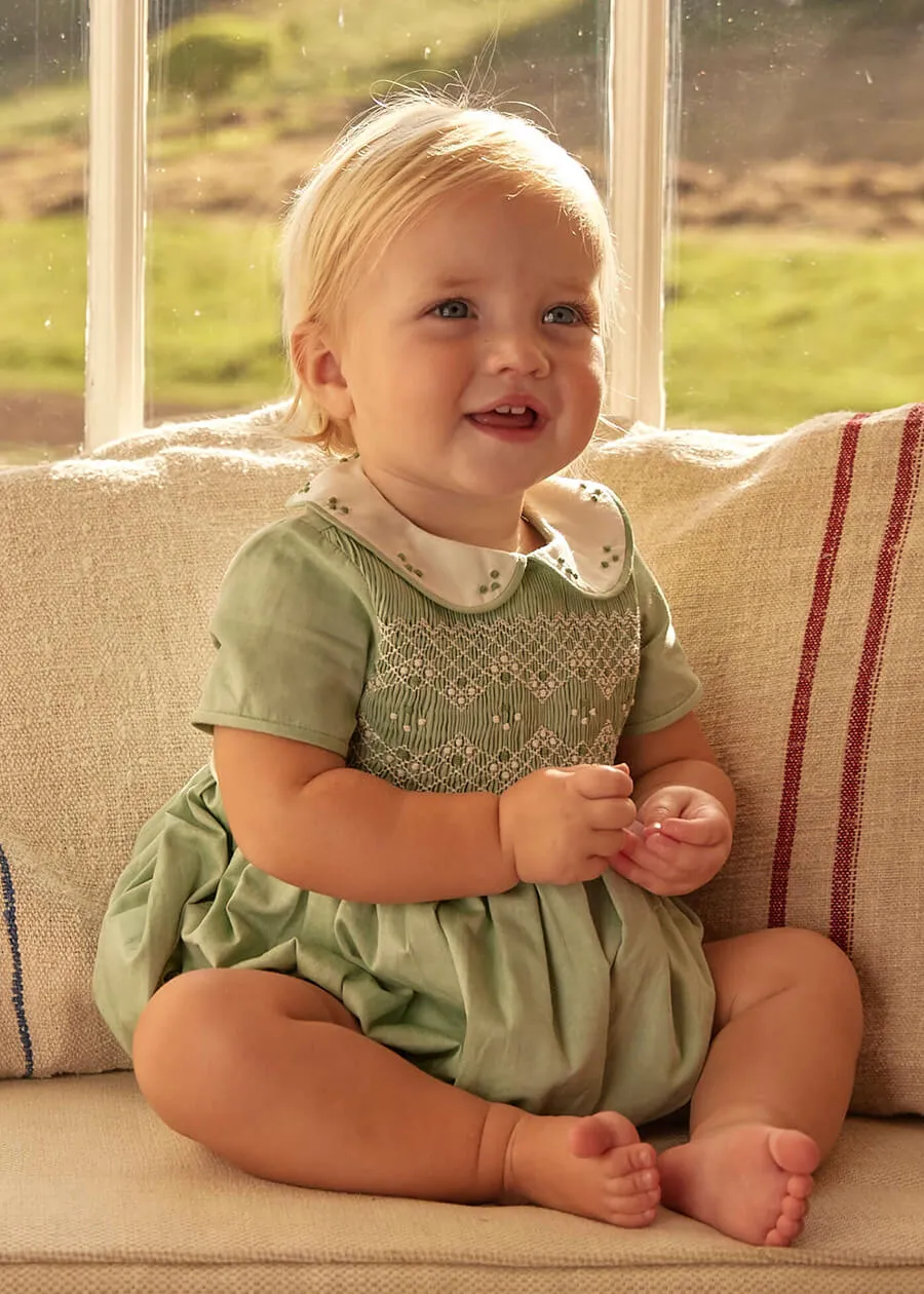 Peter Pan Collar Handsmocked Short Sleeve Romper in Green (6mths-2yrs)