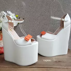 Platform White Orange Ribbon Wedding  Wedge Shoes