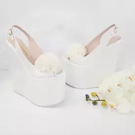 Pompom Ivory White Pee Toe Platform Wedge Bridal Shoes