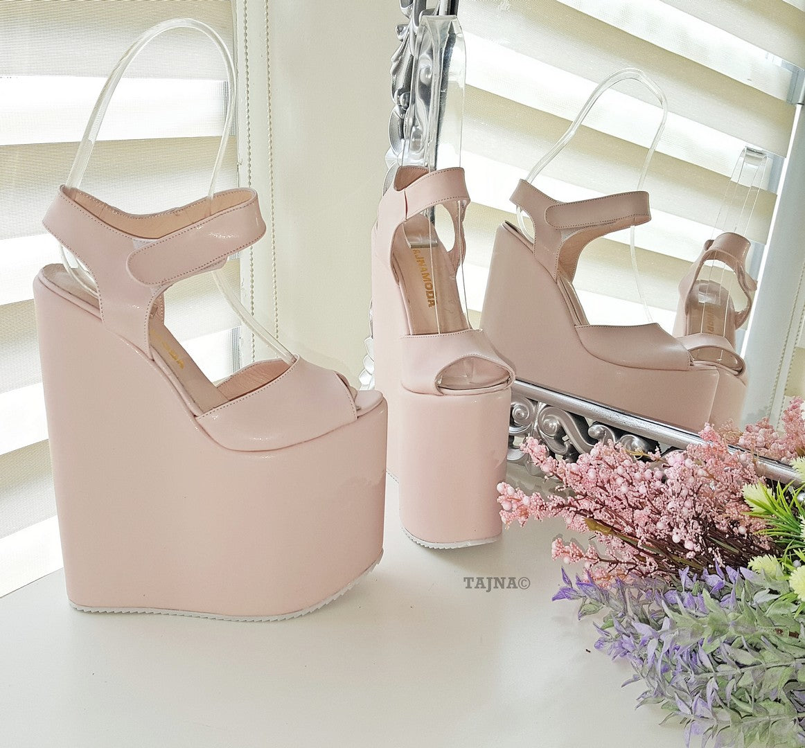 Powder Light Pink High Heel Wedge Platform Shoes