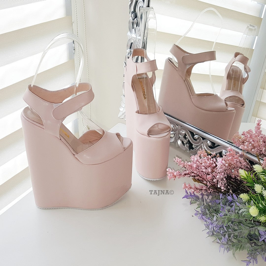 Powder Light Pink High Heel Wedge Platform Shoes