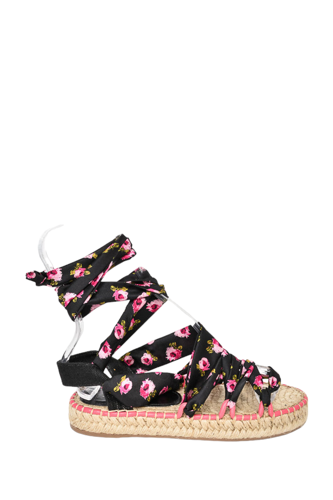 Prada Black/Pink Floral Satin Tie Up Espadrille Sandals sz 37.5