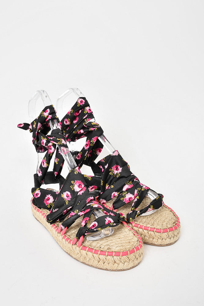 Prada Black/Pink Floral Satin Tie Up Espadrille Sandals sz 37.5