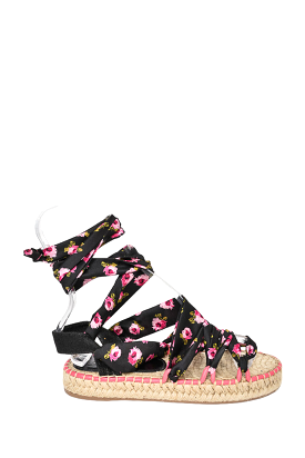 Prada Black/Pink Floral Satin Tie Up Espadrille Sandals sz 37.5