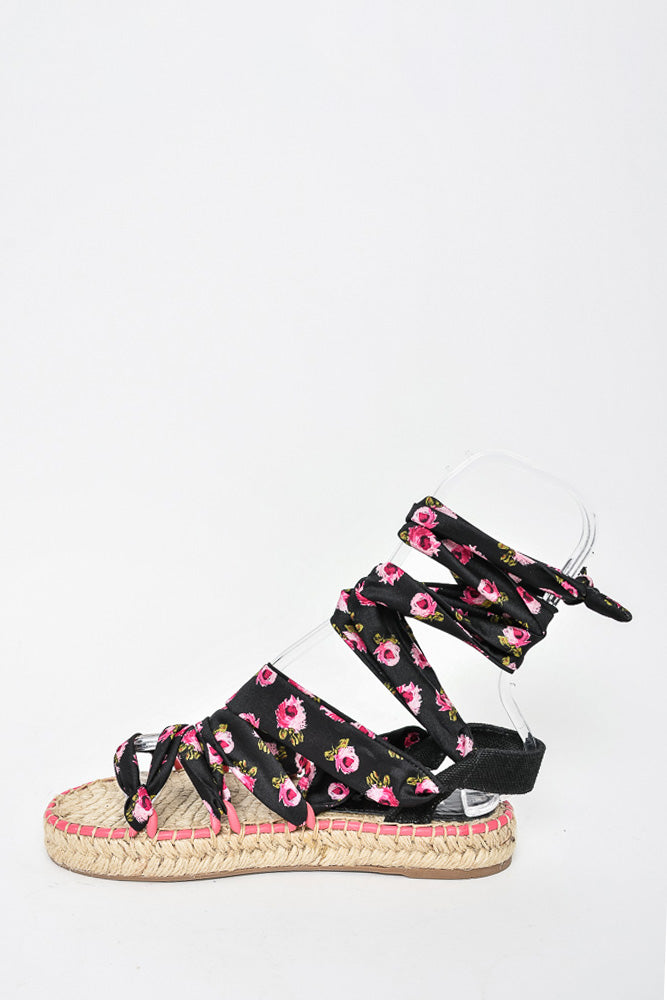 Prada Black/Pink Floral Satin Tie Up Espadrille Sandals sz 37.5