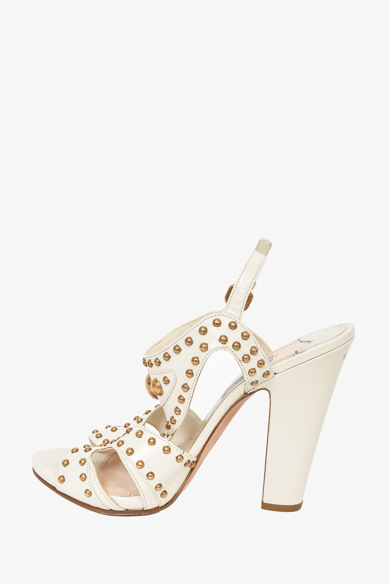 Prada Cream Leather Gold Studded Heeled Sandals Size 41