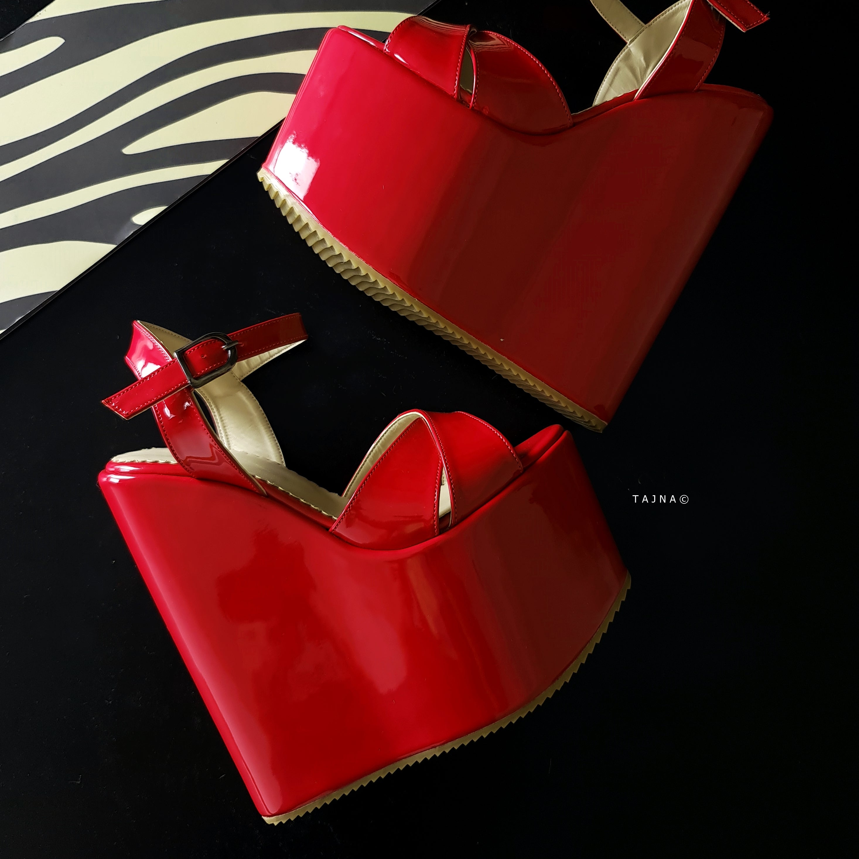 Red Gloss Cross Strap Detail Wedge Platform Sandals