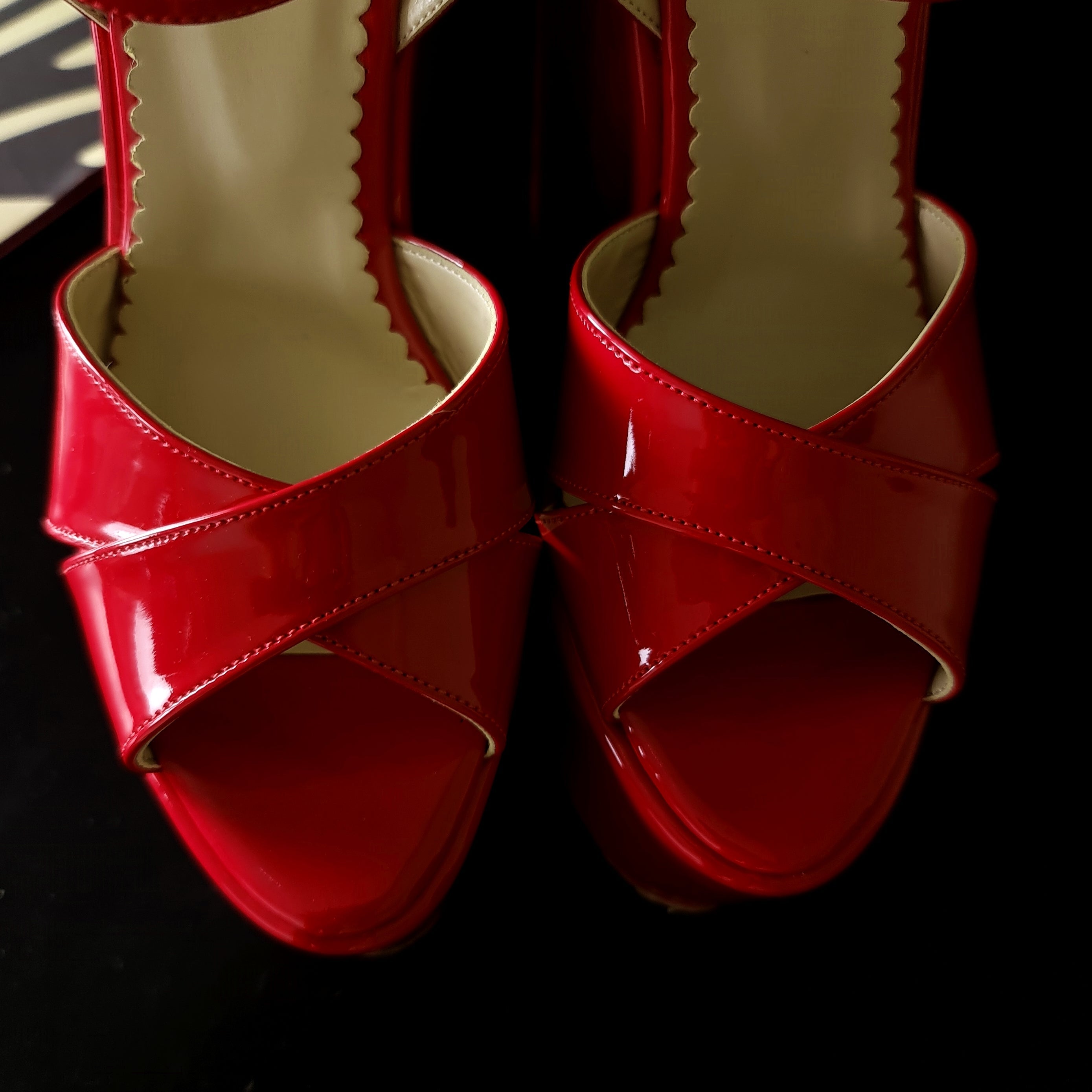 Red Gloss Cross Strap Detail Wedge Platform Sandals