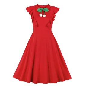 Red Women Summer Ruffle Sleeveless Green Bowknot Robe Pin Up Swing Party Vintage Dress