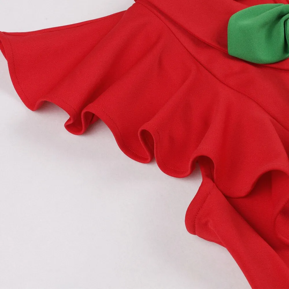 Red Women Summer Ruffle Sleeveless Green Bowknot Robe Pin Up Swing Party Vintage Dress