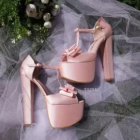 Satin Pink Chunky Heel Platform Wedding Shoes with Ribbon