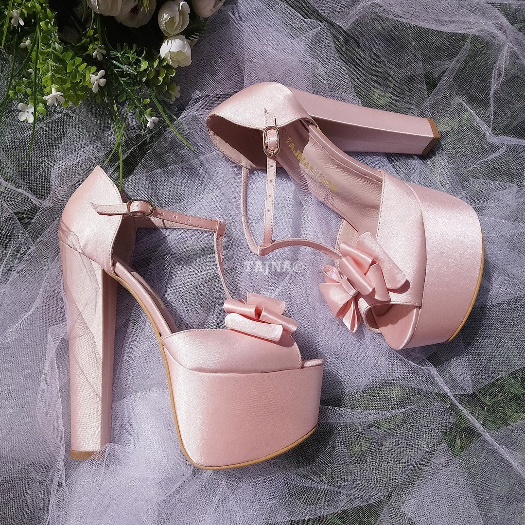 Satin Pink Chunky Heel Platform Wedding Shoes with Ribbon