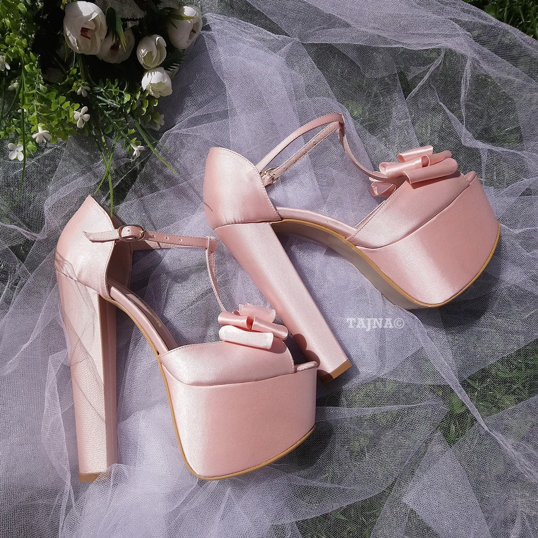 Satin Pink Chunky Heel Platform Wedding Shoes with Ribbon