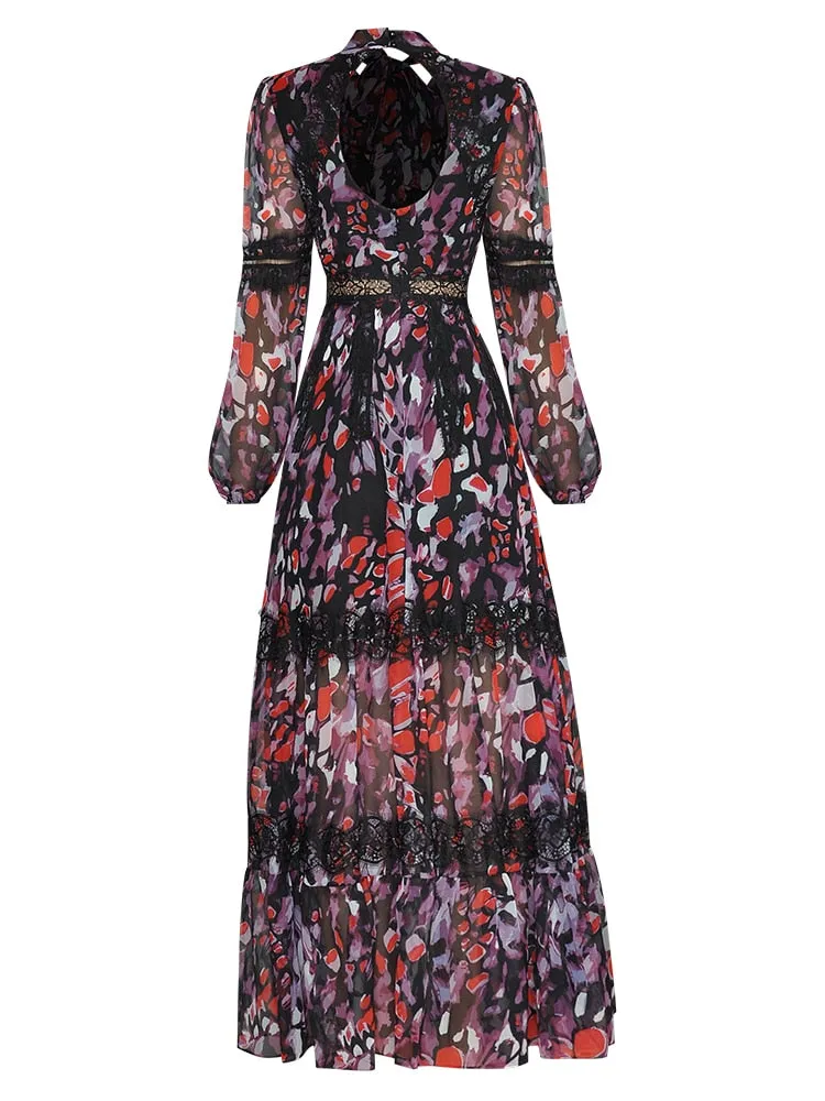 Serena Stand Collar Lantern Sleeve Hollow Out Flower Print Vacation Backless Dress