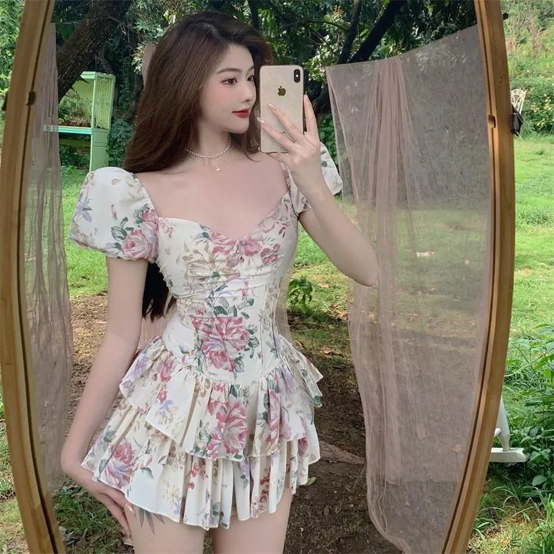 Sexy Party Mini Dresses Summer 2021 Ladies Print Puff Sleeve Club Outfits Women Cute Bodycon Kawaii Beach Vintage Dress Bohemian