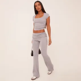 Short Sleeve Scoop Neck Crop Top And Low Rise Fold Over Flared Trousers Co-Ord Set In Grey