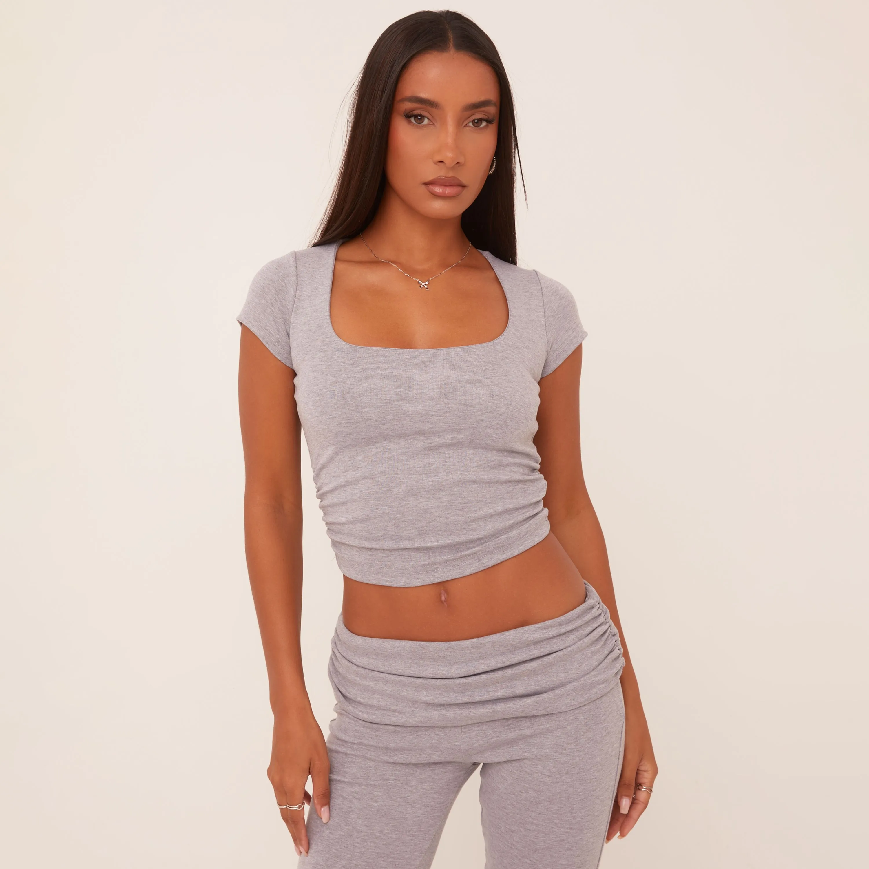 Short Sleeve Scoop Neck Crop Top And Low Rise Fold Over Flared Trousers Co-Ord Set In Grey