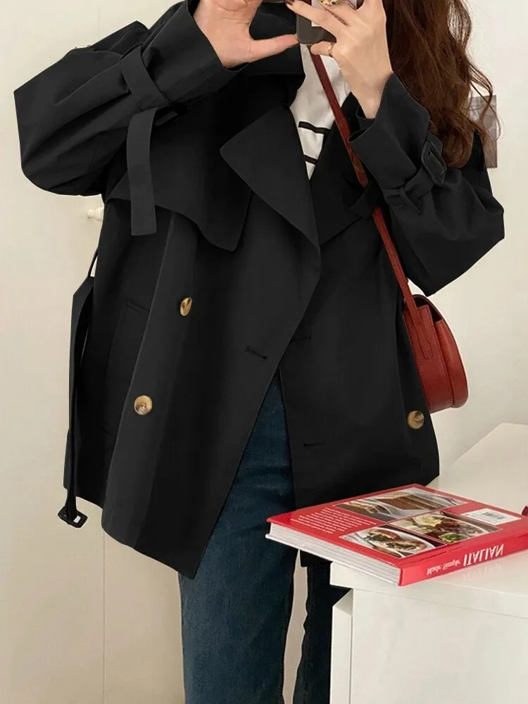 Short Windbreaker Female Drape Temperament Black Trench Coat