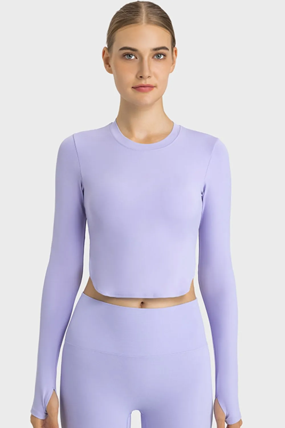 Side Slit Long Sleeve Round Neck Crop Top