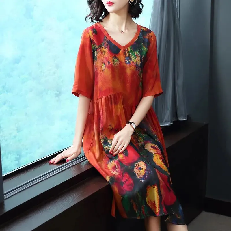 Silk Dress Female Summer Half Sleeve V-Neck Vintage