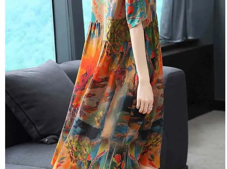 Silk Dress Female Summer Half Sleeve V-Neck Vintage