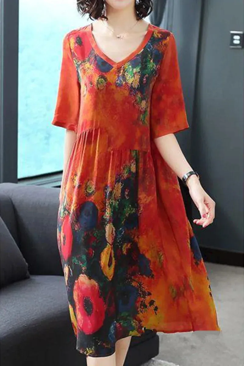 Silk Dress Female Summer Half Sleeve V-Neck Vintage