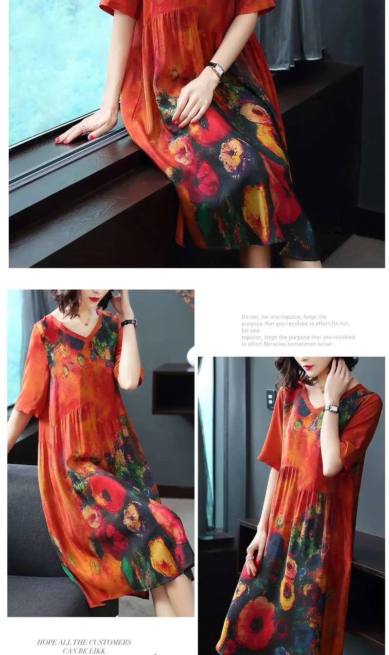 Silk Dress Female Summer Half Sleeve V-Neck Vintage