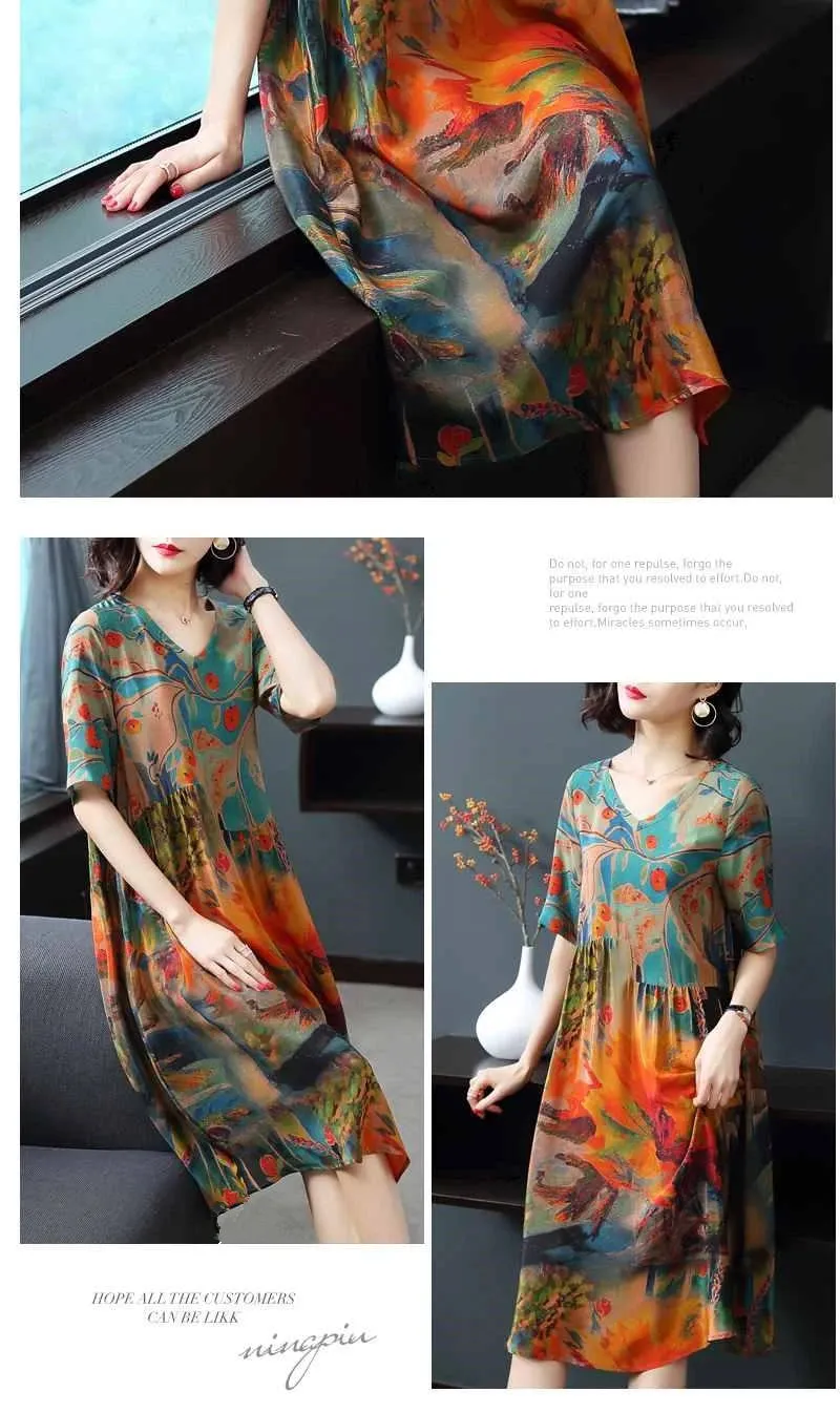 Silk Dress Female Summer Half Sleeve V-Neck Vintage