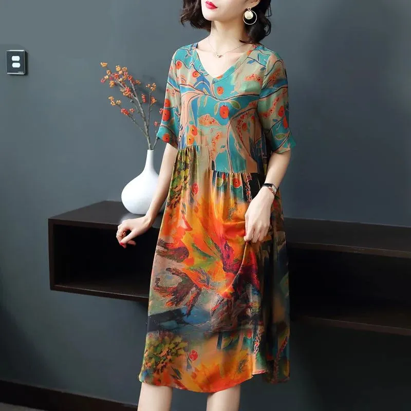 Silk Dress Female Summer Half Sleeve V-Neck Vintage