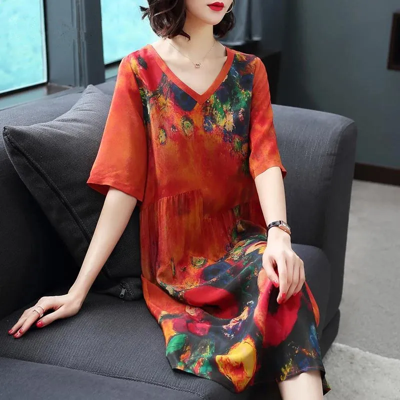 Silk Dress Female Summer Half Sleeve V-Neck Vintage