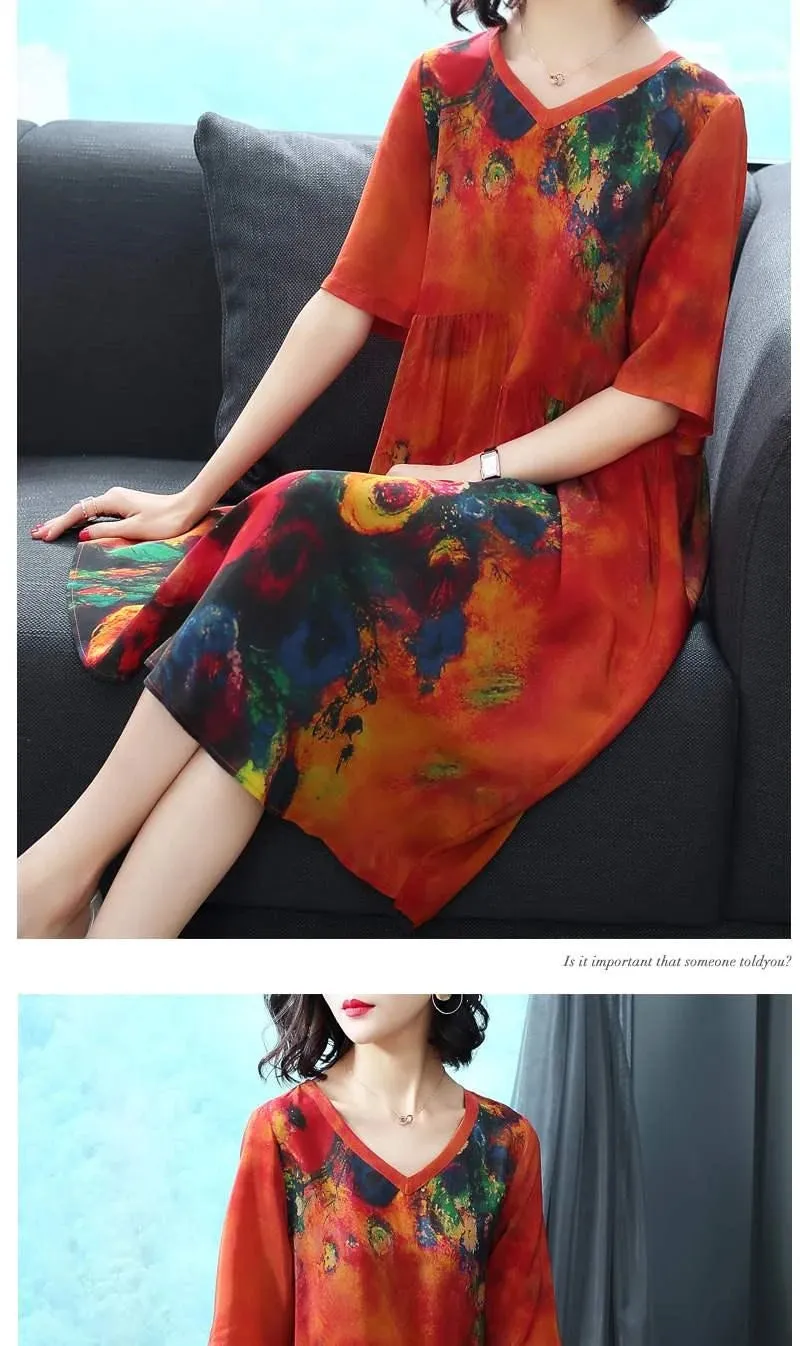 Silk Dress Female Summer Half Sleeve V-Neck Vintage