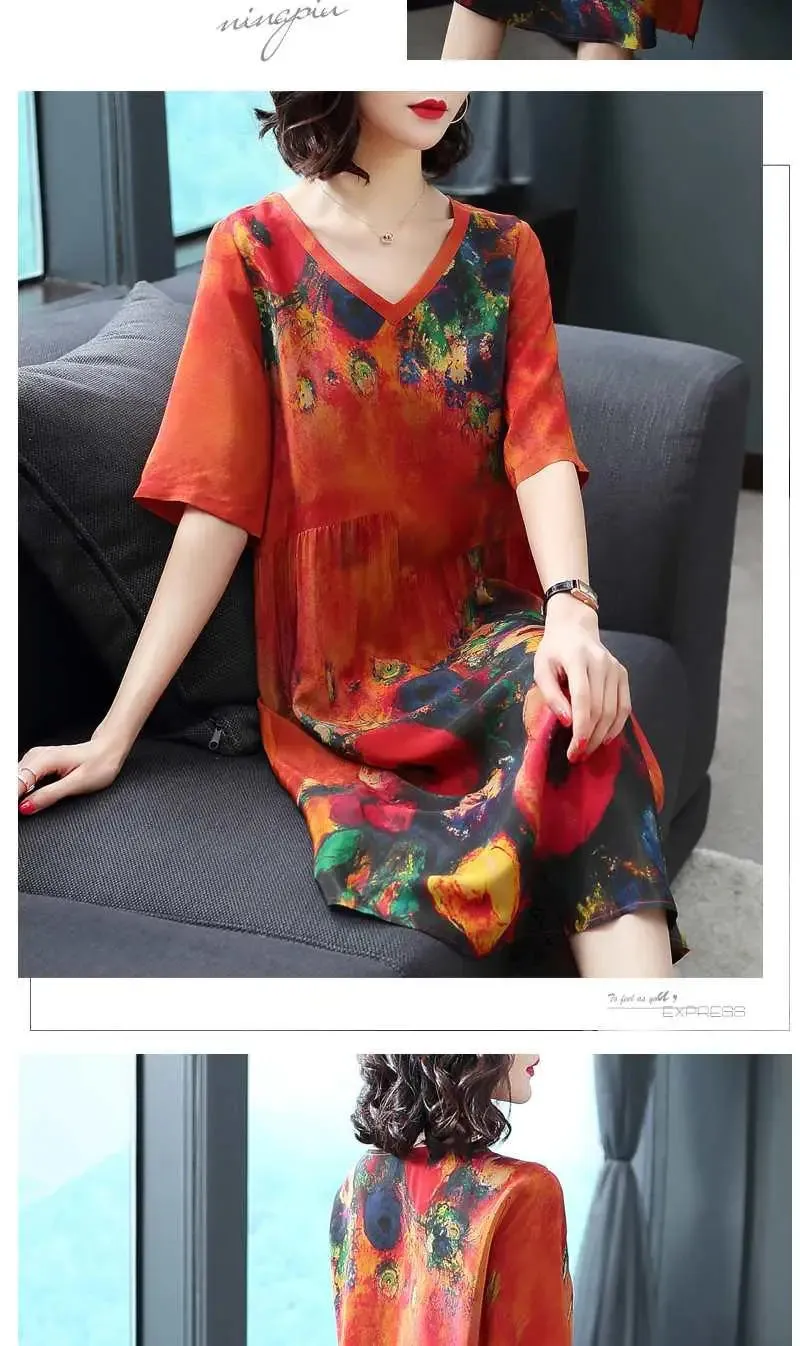 Silk Dress Female Summer Half Sleeve V-Neck Vintage