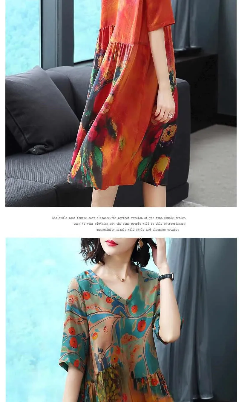 Silk Dress Female Summer Half Sleeve V-Neck Vintage