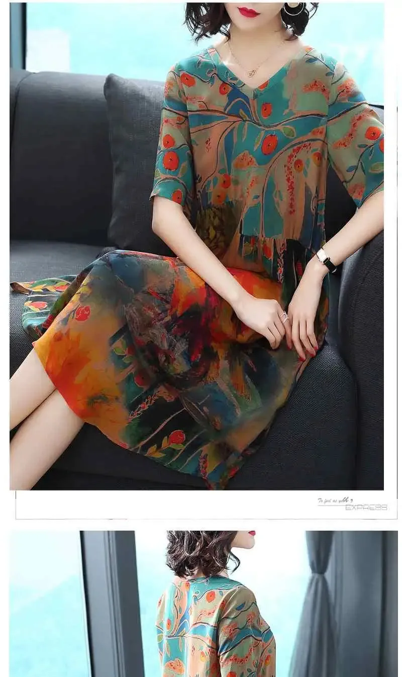 Silk Dress Female Summer Half Sleeve V-Neck Vintage