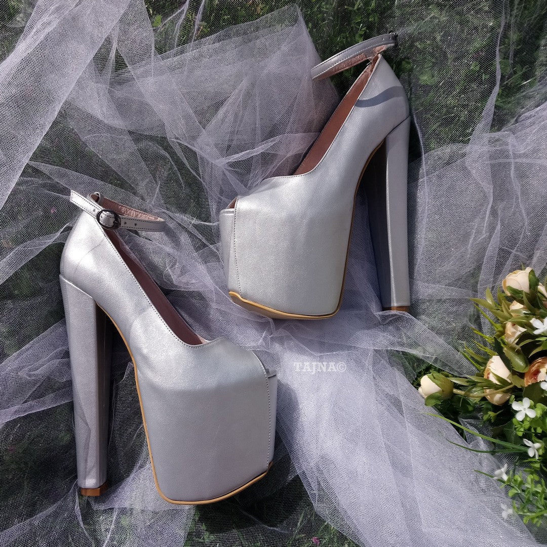 Silver Peep Toe Ankle Strap Wedding Shoes