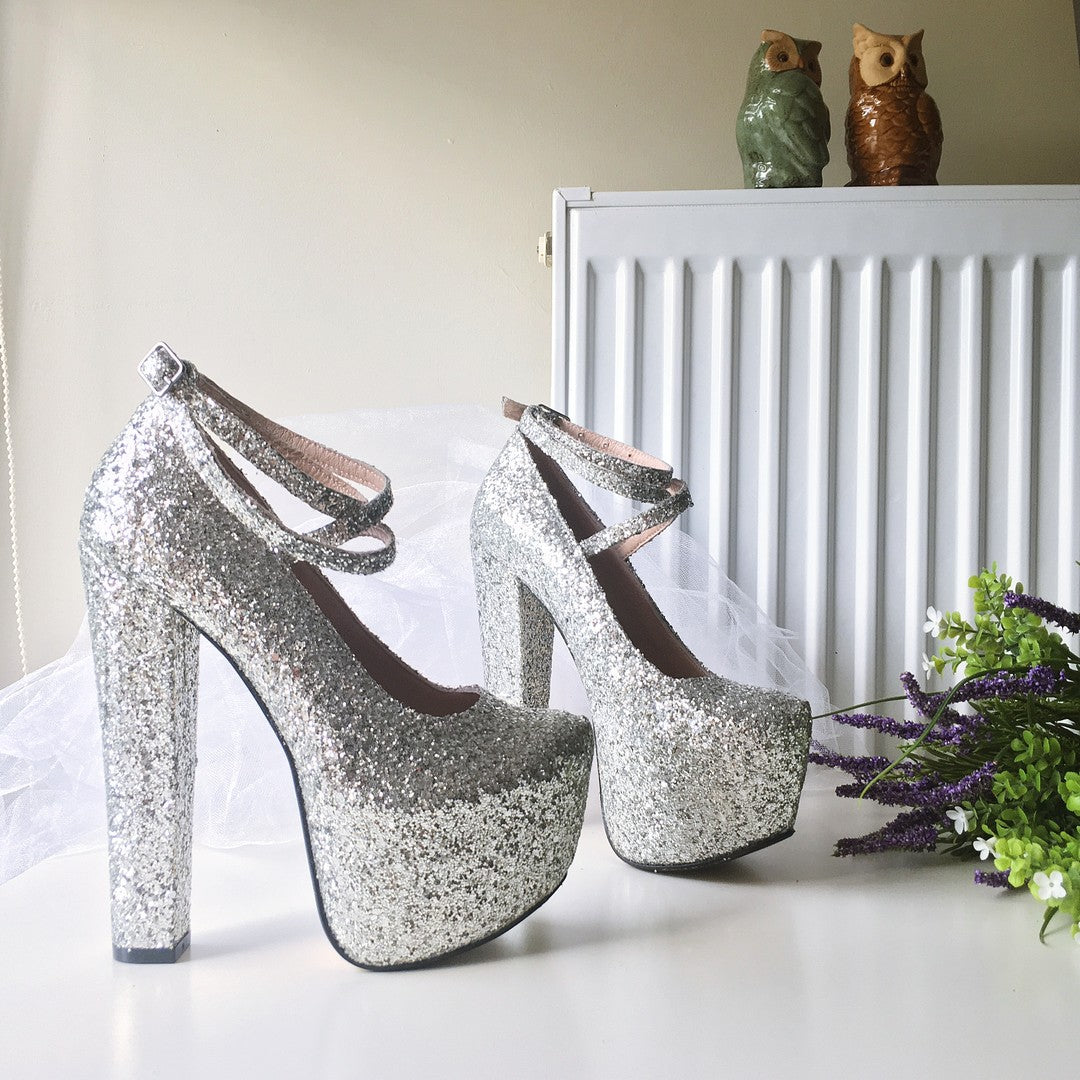 Silver Shimmer Glitter High Heel Platform Shoes