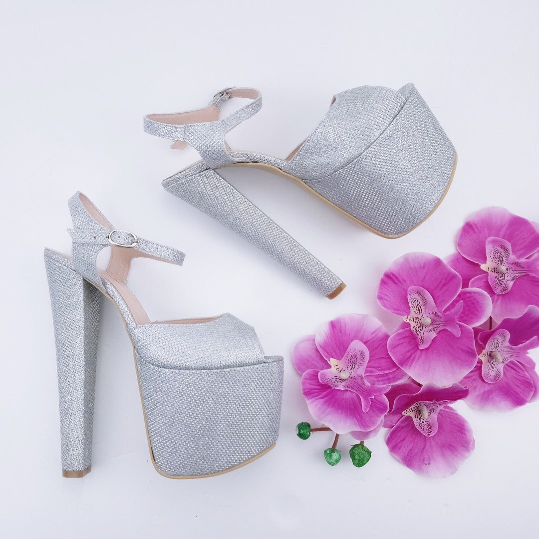 Silver Shine Ankle Strap Chunky Platform Shoes