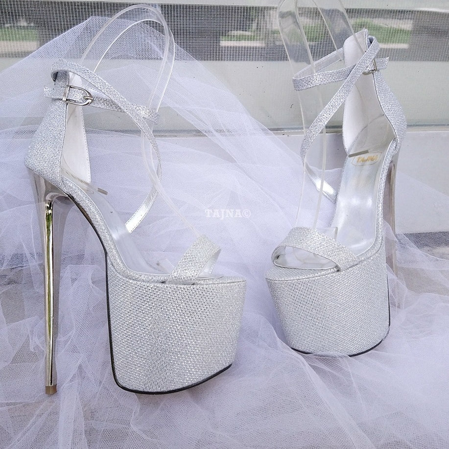 Silver Shine Ankle Strap High Heel Platform Shoes