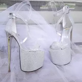 Silver Shine Ankle Strap High Heel Platform Shoes