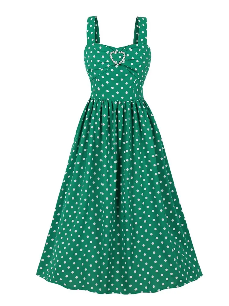 Sleeveless Pearl Detail Pleated Elegant Women Summer Long Tank High Waist Vintage Polka Dot Beach Dress