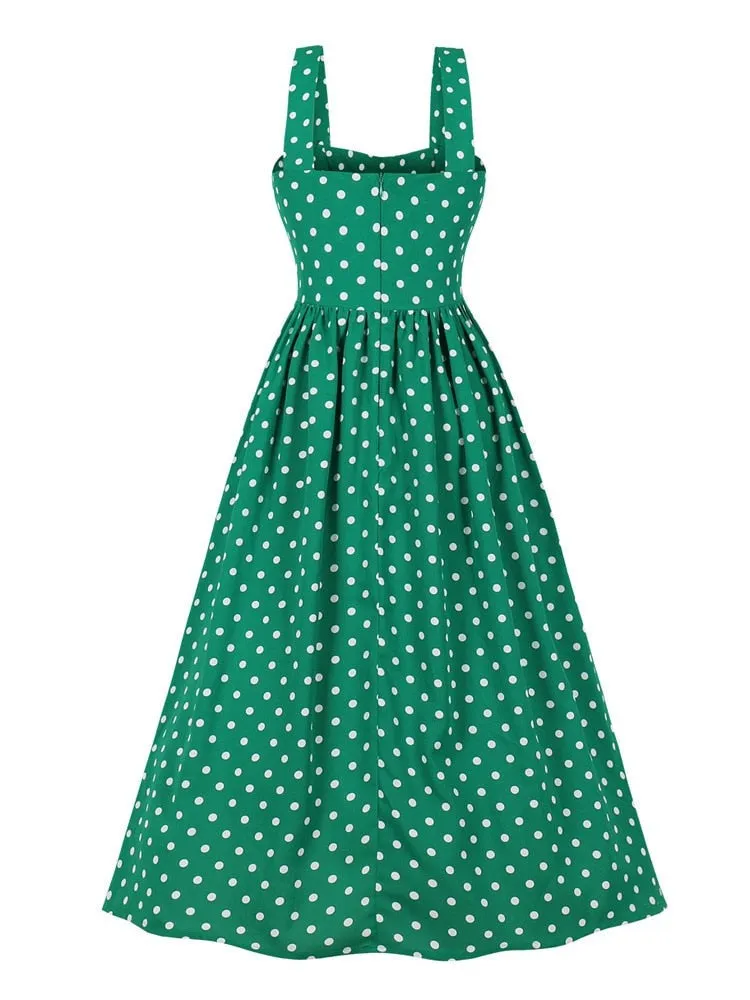 Sleeveless Pearl Detail Pleated Elegant Women Summer Long Tank High Waist Vintage Polka Dot Beach Dress