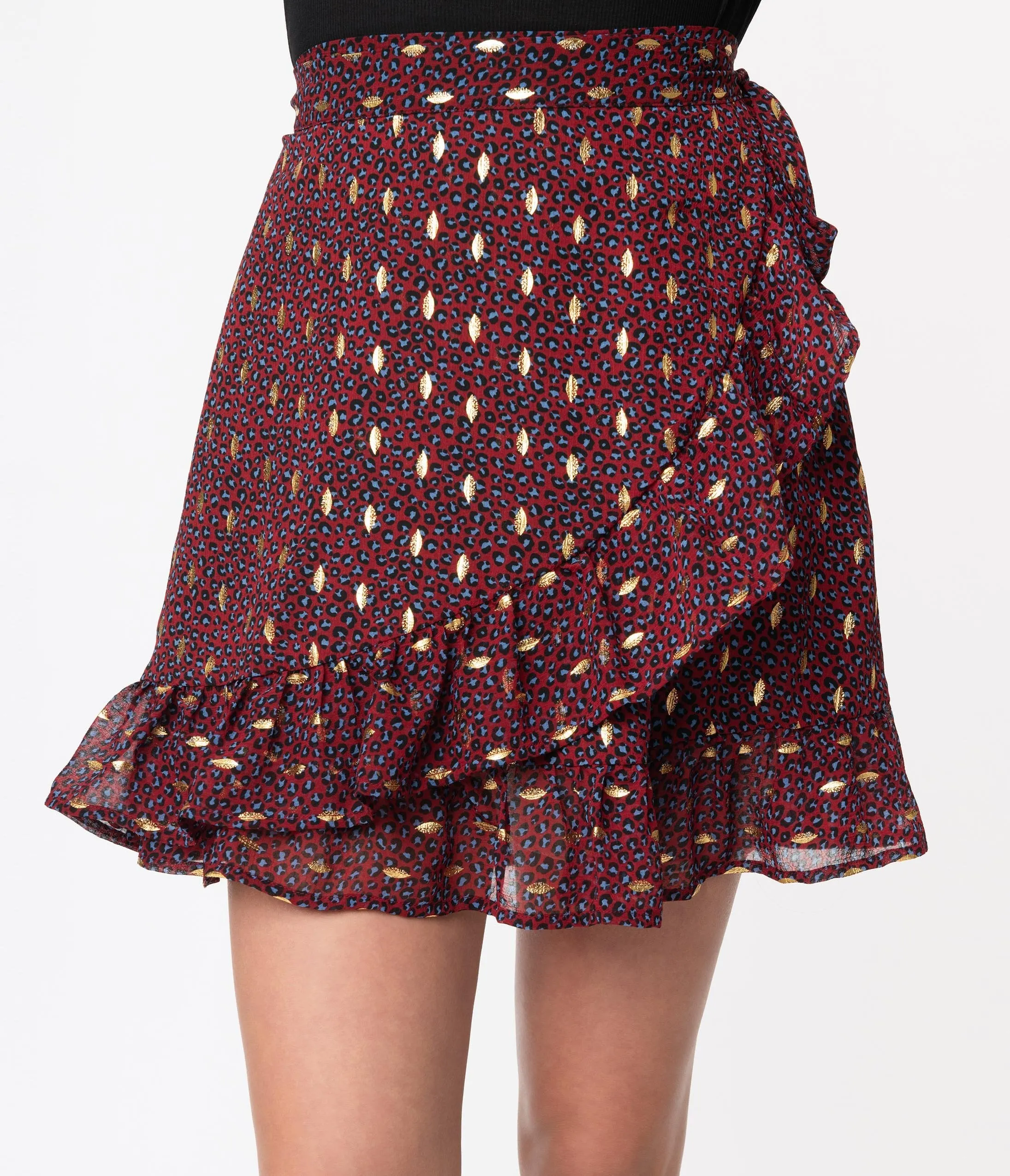 Smak Parlour Burgundy Leopard Print Wild Thing Wrap Flare Skirt