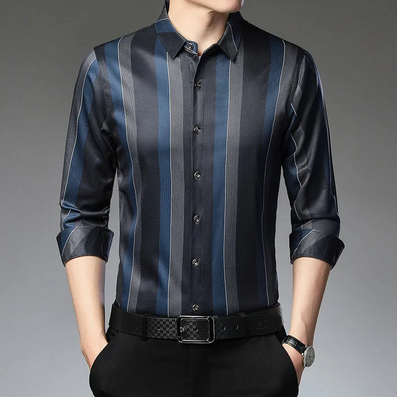 Square Collar Striped Pattern Casual Style Long Sleeve Shirt for Men