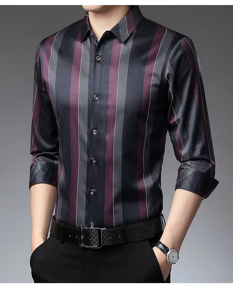 Square Collar Striped Pattern Casual Style Long Sleeve Shirt for Men